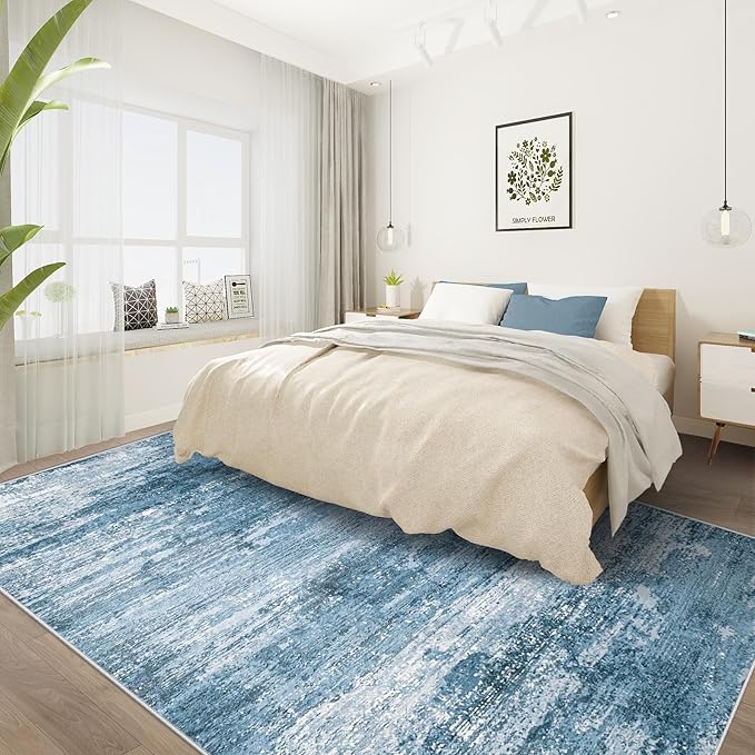 Washable Rug 5x7 Area Rugs for Living Room: Neutral Soft Rug Abstract Non Slip Low Pile Modern Carpet for Bedroom Kitchen Nursery Office Dining Room Indoor (Darkblue, 5'x7')