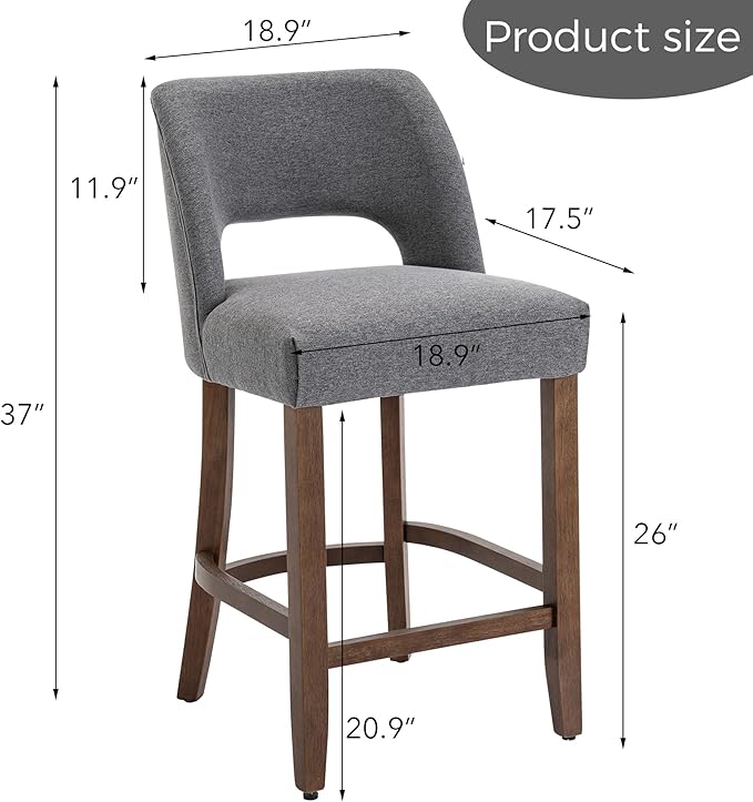 VKNOW Bar Stools Set of 4, 26" Upholstered Counter Height Bar Stools,Modern Counter Stools with Wood Legs for Kitchen Island Dining Room Bar,Fabric Grey