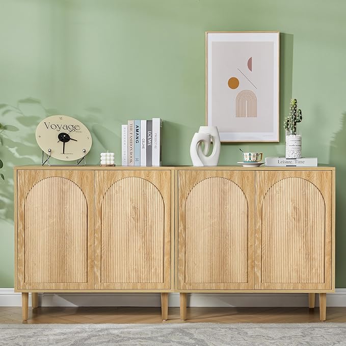 Bifins 31.5” Fluted Sideboard Buffet Cabinet with Storage,Mid Century Modern Small Wood Storage Cabinet with Arched Profile for Dining Room Kitchen Living Room (Natural 1pc)
