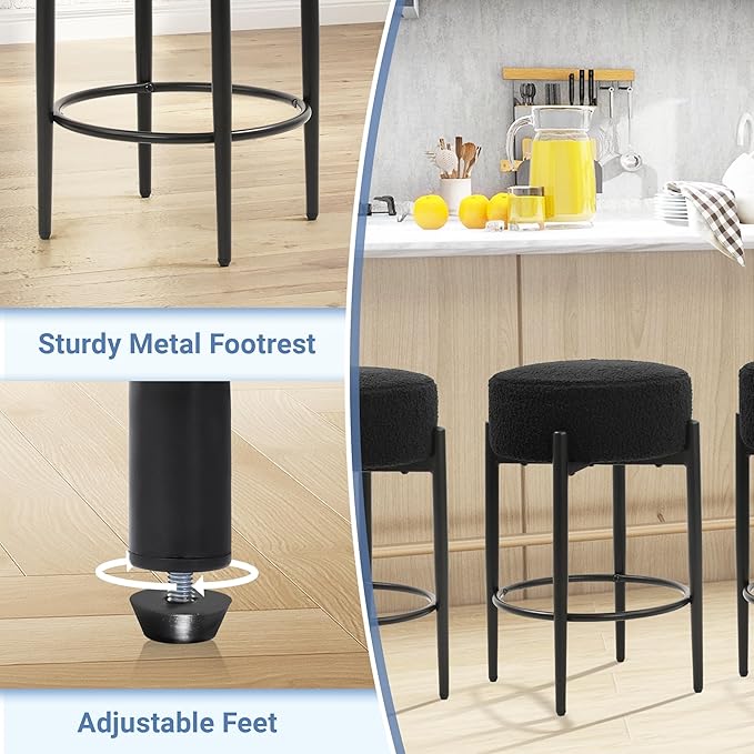 Murago Counter Height Bar Stools, Set of 2, 24" Modern Backless Bar Stools, Ideal for Kitchen Counter, Kitchen Island, Boucle Sherpa Padded Cover, with Round Soft Seat and Foot Rest, Black