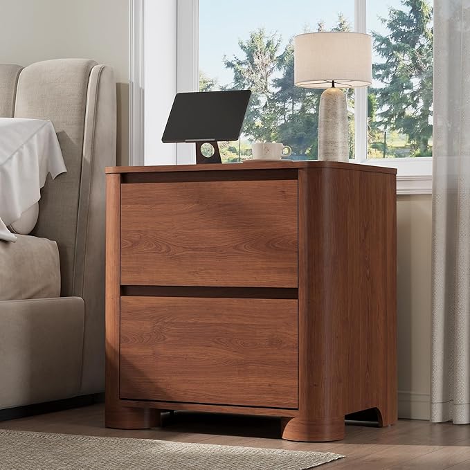 Walnut Nightstands Set of 2 with Charging Station, 23.6" Modern Night Stand with Unique Thickened Foot and 2 Storage Drawers, Bedside Table with Rounded Corner Design for Bedroom