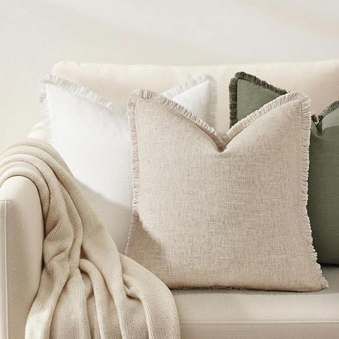 decorUhome Summer Decorative Neutral Linen Fringe Euro Sham Throw Pillow Covers Set of 2 Natural Beige Pillow Covers with Tassels Soft Farmhouse Boho Accent Pillow Cases for Couch Bed Sofa 22x22 Inch