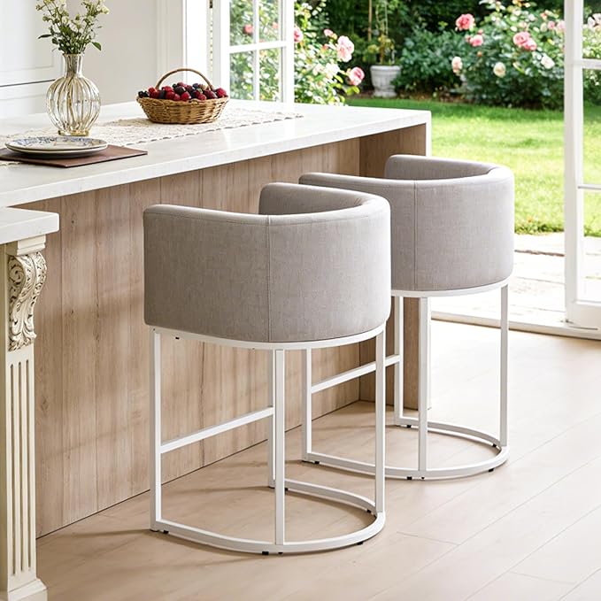 ClinQ 26" H Counter Height Bar Stools Set of 3, Modern Barrel Counter Stools with Backrest and Arms, White Metal Frames, Linen Fabric Upholstered Accent Barstools for Kitchen Island, Light Grey