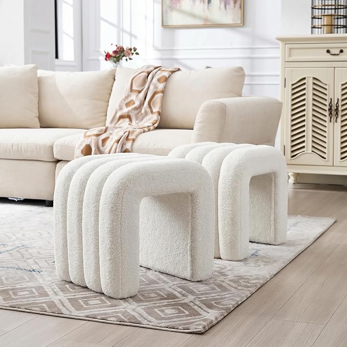 White Teddy Fleece Tufted Ottoman Stool Set of 2, Small Arch Footrest for Couch, Modern Vanity Stool for Makeup Room, Living Room, Entryway, 15.4 x 19.3 x 17.9 Inches, 260lb Capacity