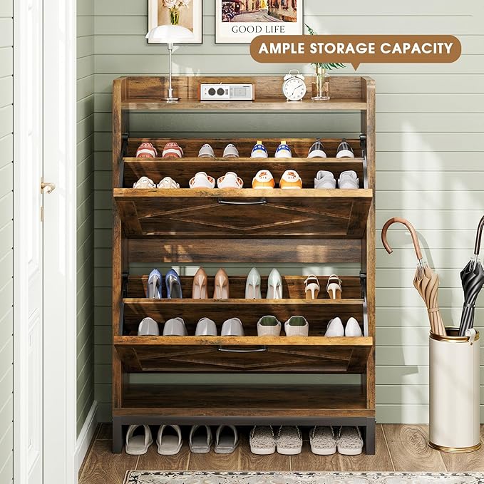 GRUSIGN Shoe Cabinet, Shoe Storage Cabinet with 2 Flip Drawers & Adjustable Shelf, Space-Saving Shoe Organizer – Holds 12+ Pairs, Narrow Shoe Cabinet Storage for Entryway/Hallway（Brown）