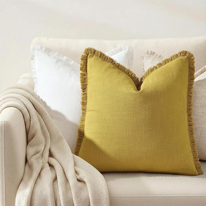 decorUhome Summer Decorative Neutral Linen Fringe Throw Pillow Covers Set of 2 Mustard Yellow Pillow Covers with Tassels Soft Farmhouse Boho Accent Pillow Cases for Couch Bed Sofa 20x20 Inch