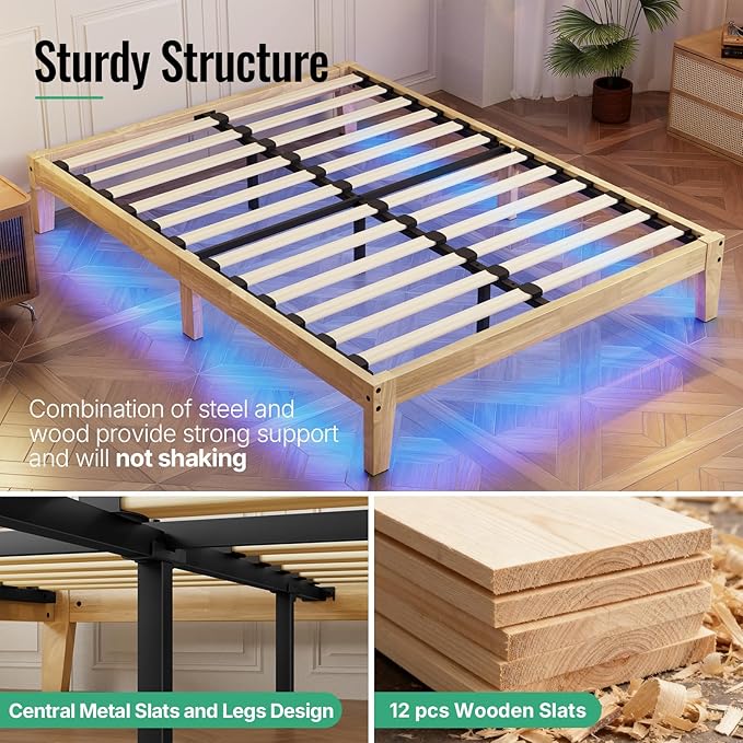 Queen Size Solid Wood Platform Bed with Led Light - Noise-Free Design with Metal and Wood Slat Support, No Box Spring Needed, Easy Assembly, Natural Wood Finish
