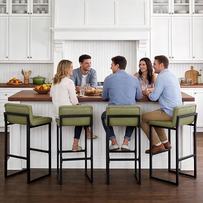 FIRAVOE Set of 4 Bar Stools, Upholstered Bar Height Barstools with Low Back and Thickened Metal Frame, Modern Tall Bar Chairs for Kitchen Island, Bar, Counter (Avocado Green, 4Pcs 30" Bar Stools)
