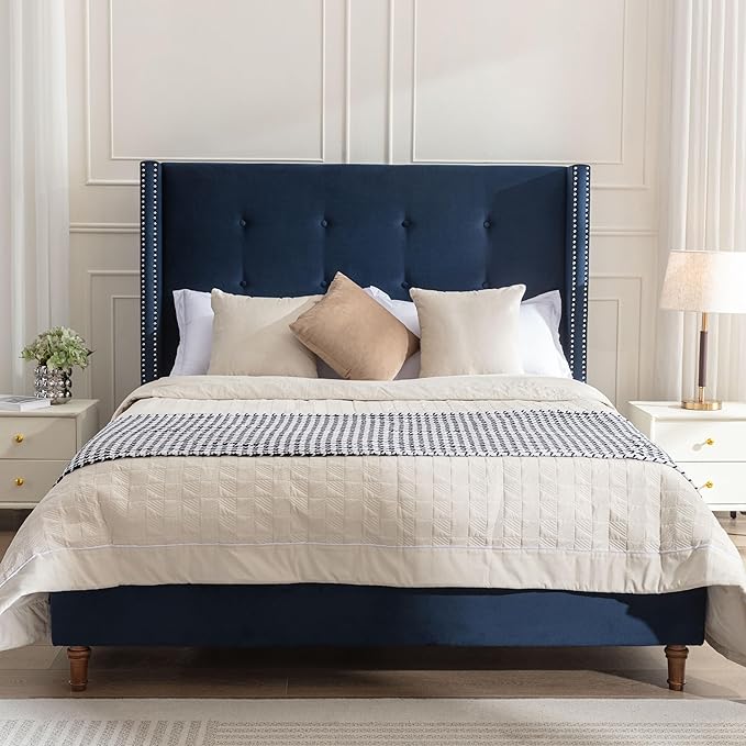 Upholstered Bed Frame, 54" Tall Headboard Wingback Upholstered Platform Bed Frame for Kids Teens Adults Bedroom Strong Wood Slats Support/No Box Spring Needed (Blue, Queen)