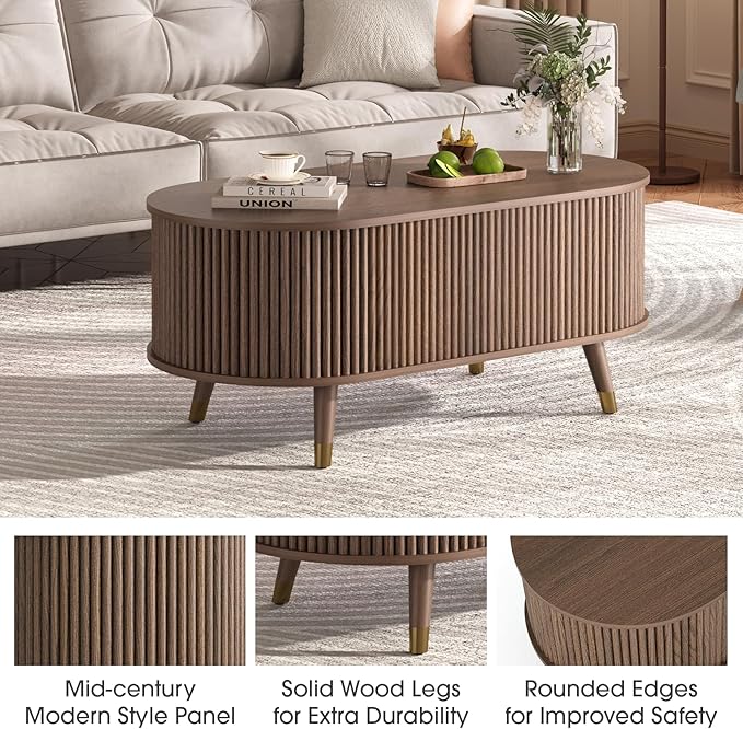 JOINICE 42.5" Oval Lift Top Coffee Table with Storage, Mid Century Modern Walnut Center Table with Fluted Design, Solid Wood Legs & Hidden Compartment, Pop Up Coffee Table for Living Room