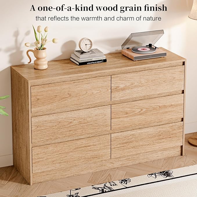 Chrangmay 6 Drawer Dresser,47" Wide Mid Century Chest of Drawers,Wooden Bedroom Drawer Dresser with 6 Storage Drawers for Bedroom,Living Room,with Anti-Tipping Device,Natural