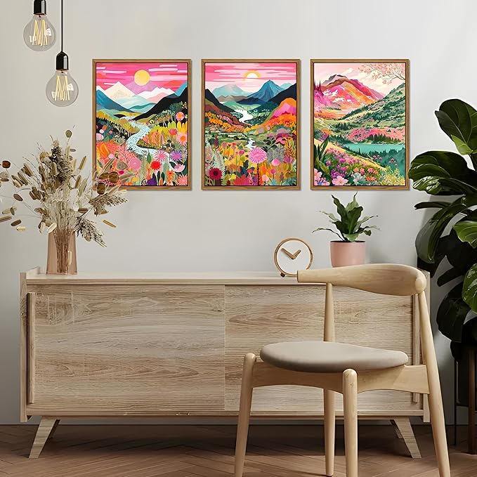 Floating Framed Large Boho Colorful Mountain Wall Art Set of 3, Abstract Watercolor Landscape Flower Wall Decor Paintings, Modern Nature Sunset Forest Posters Prints for Living Room 16x24 Inch