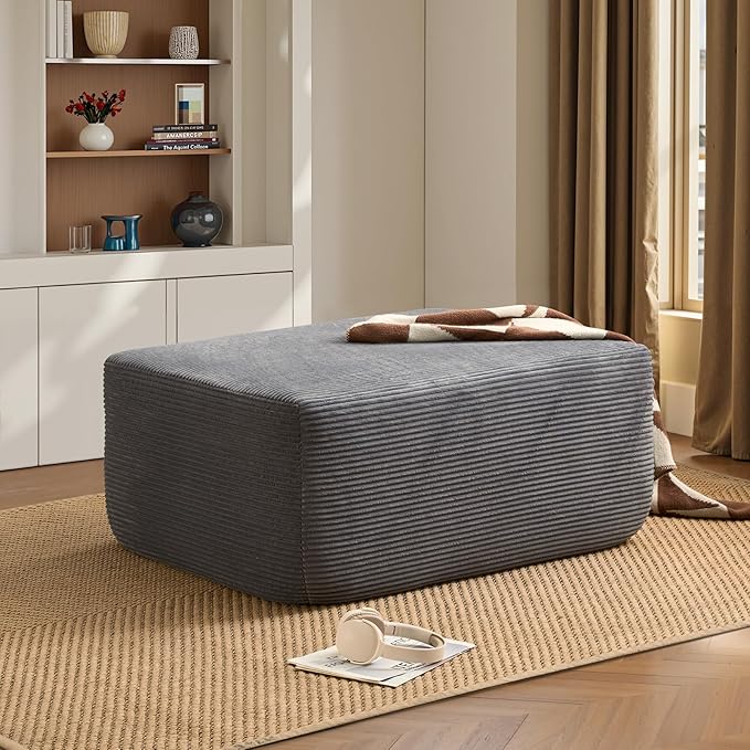 ovios 37" Corduroy Ottoman, Upholstered Cloud Ottoman for Boneless Couch in a Box, Modular Sectional Couches for Living Room Bedroom, Compressed Memory Foam, No Assembly Require, Grey