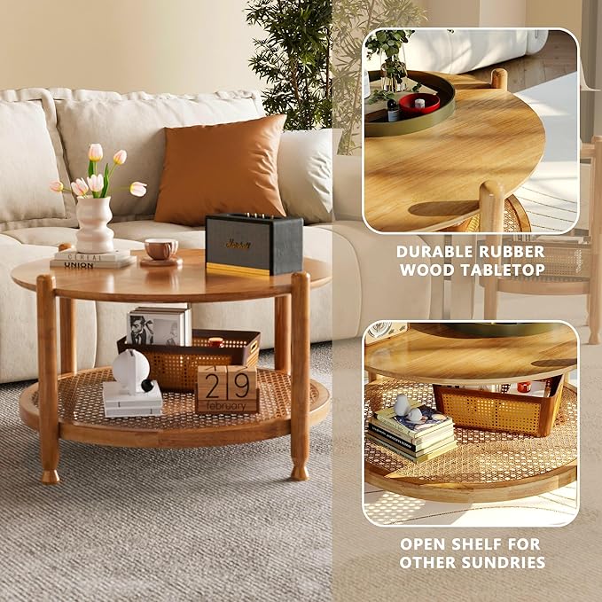 NSdirect 32" Rattan Coffee Table for Living Room, 2-Tier Solid Wood Round Center Table for Home Decor with Boho Woven Rattan Storage Shelf | Modern Farmhouse Design, Easy Assembly, Oak