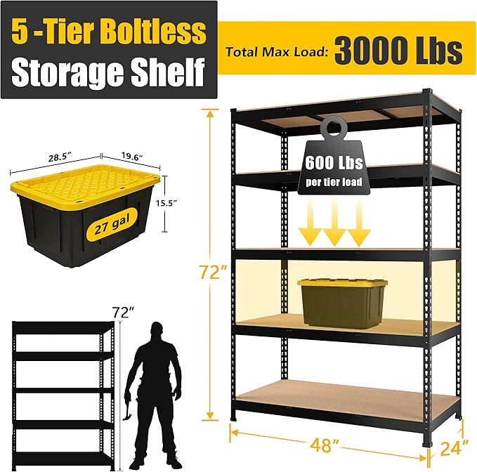 PrimeZone 2 Pack Storage Shelves 48" x 24" x 72" - 5 Tier Heavy Duty Adjustable Garage Storage Shelving, Metal Storage Utility Rack Shelf Unit for Warehouse Pantry Closet Kitchen, Black