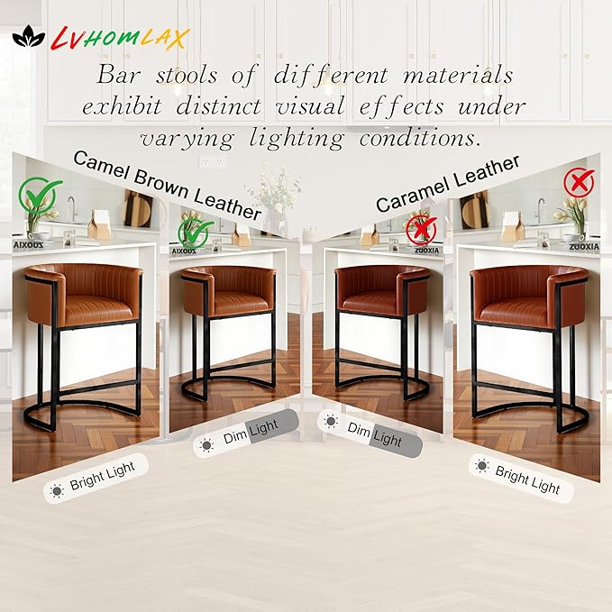 26" Modern Counter Height Bar Stools,Accent Barstools with Arms,Kitchen Island Chairs,PU Leather Upholstered Barrel Bar stools with Backs,Metal Black Frames,Camel Brown Leather
