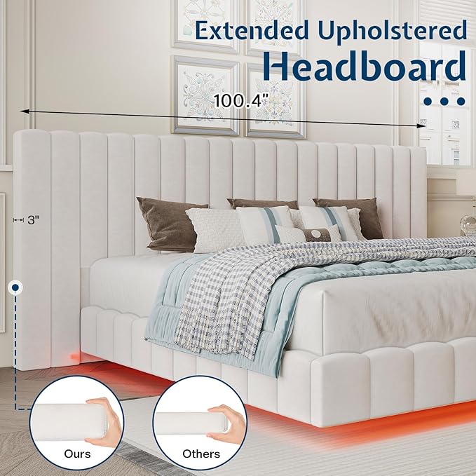 Jocisland King Size Bed Frame with 100" Wide Upholstered Headboard, Modern Velvet Floating Platform with LED Lights Underneath, No Box Spring Needed, Cream