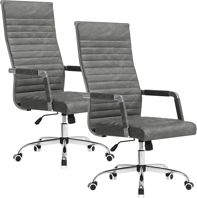 Furmax Ergonomic Office Desk Chair, Executive Ribbed Mid-Back PU Leather Conference Room Chair Adjustable Swivel Chair with Arms (2, Bicolor Vintage Grey)