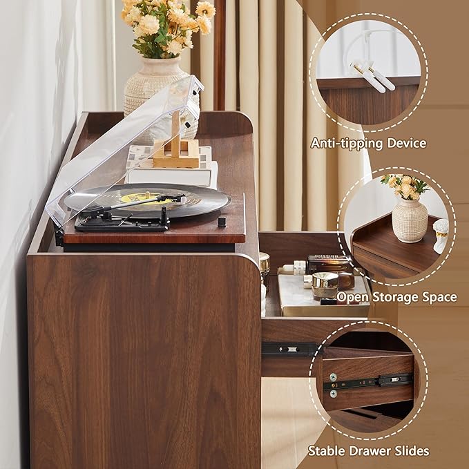 Curved 6 Drawer Dresser for Bedroom, Modern 53-Inch Chest of Drawers, Wood Storage Dresser Organizers with Hidden Handles, 6 Drawer Dressers for Bedroom, Nursery, Living Room, Walnut