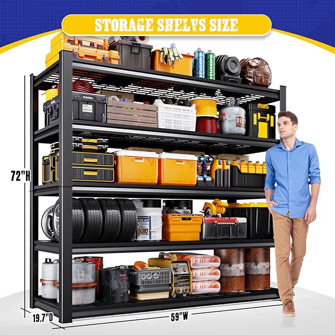 Set of 4 Heavy Duty Garage Shelving 5-Tier Storage Shelves, Adjustable Metal Shelving Unit, Utility Garage Organizer Shelf for Basement, Pantry, Warehouse, Supermarket, 59" W x 19.7" D x 72" H