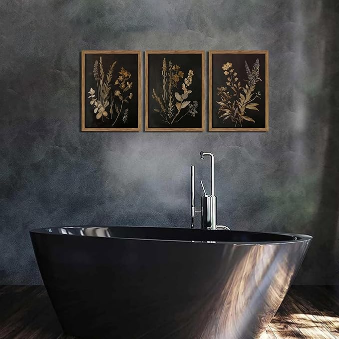 Framed Dark Botanical Wall Art Set of 3, Black Moody Floral Wall Decor Paintings, Dark Academia Decor, Vintage Flower Artwork Prints Pictures for Living Room Bedroom Bathroom 12x16 Inch