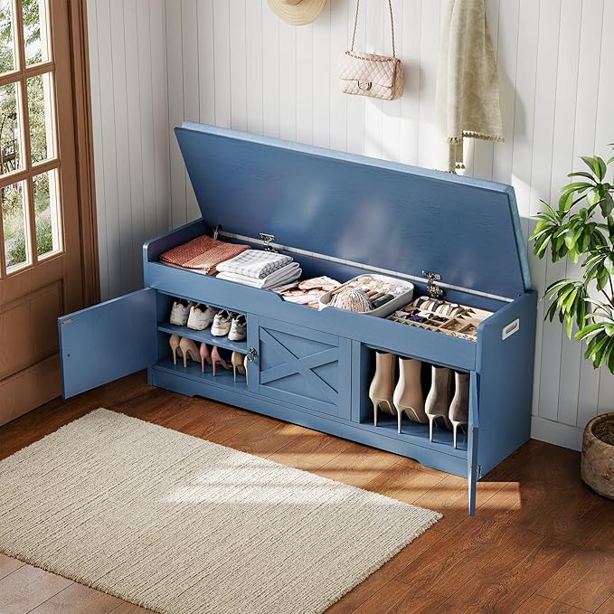 Farmhouse Shoe Storage Bench with Cushion Seat, 3-Tier Entryway Bench with Lift Top Storage and Adjustable Shelf, Bench for Hallway, Bedroom, Blue