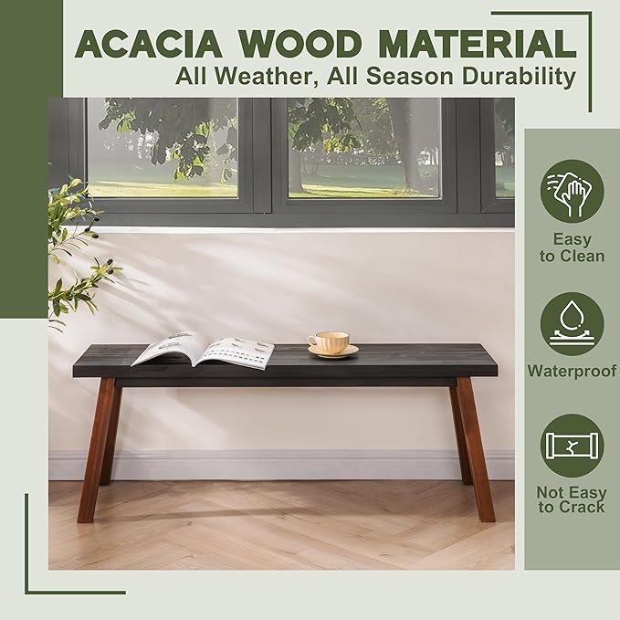 VICTORY RELAX Solid Wood Bench - Minimalist Design, Acacia Wood Construction, Black Mix Brown Color, Versatile for Entryway, Living Room, Bedroom & Outdoors, Easy Assembly & Weather-Resistant