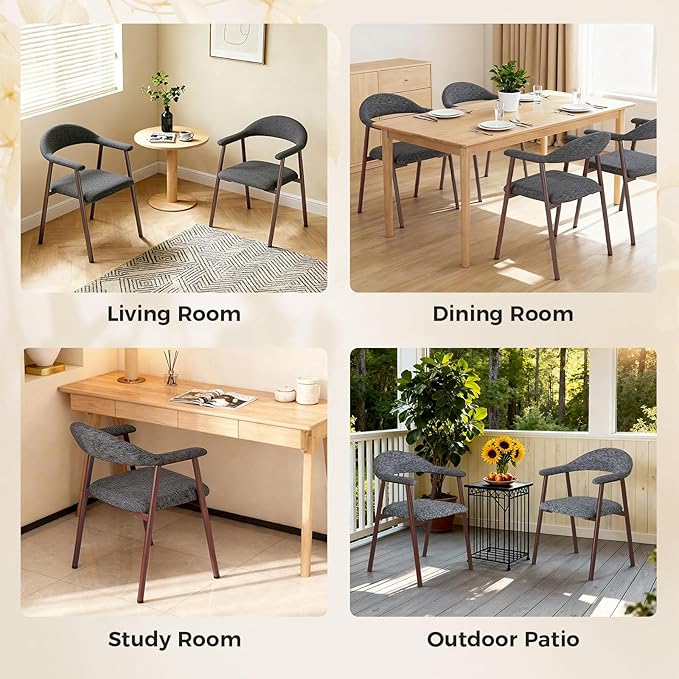 DUMOS Dining Chairs Set of 2, Linen Fabric Upholstered Kitchen Side Chairs with Curved Backrest & Metal Legs, Modern Farmhouse Accent Chairs for Dining Room Kitchen Living Room Cafe, Gray