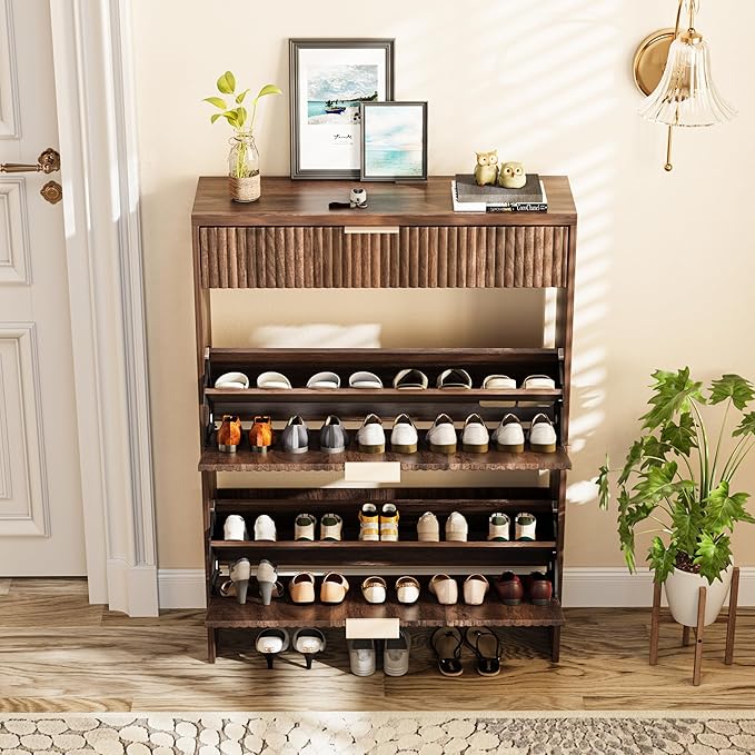 Fluted Shoe Cabinet Storage with 2 Flip Drawers & 1 Drawers, Wood Narrow Hidden Shoe Cabinet for Entryway, Freestanding Slim Shoe Rack Organizer for Foyer Hallway Living Room(Walnut)