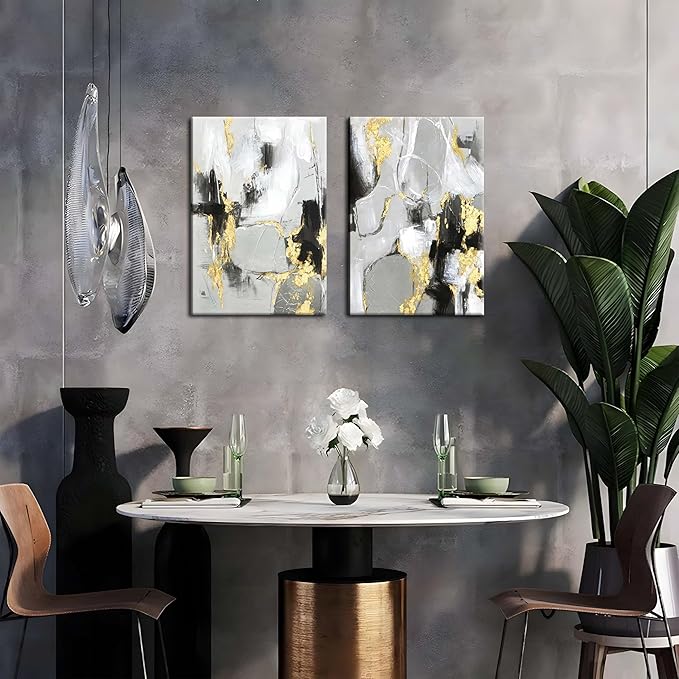 Framed Abstract Black Gold Wall Art Set of 2, Modern Black White Gold Canvas Prints Poster Picture for Living Room, Bedroom and Office Wall Decor 16 x 24 Inch