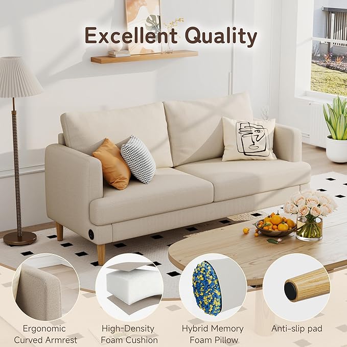 70" Modern Loveseat Sofa with USB Type-C Ports, Linen Fabric 2-Seater Deep Seat Couch, Cozy Small Couch Sofa for Living Room Bedroom Office Apartment (Beige)