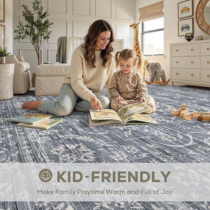 9x12 Area Rug Living Room: Washable Large Vintage Grey Rug Neutral Non-Slip Soft Stain Resistant Indoor Carpet for Bedroom Nursery Dining Room Under Table Bed Home House Office Playroom - Retro Blue