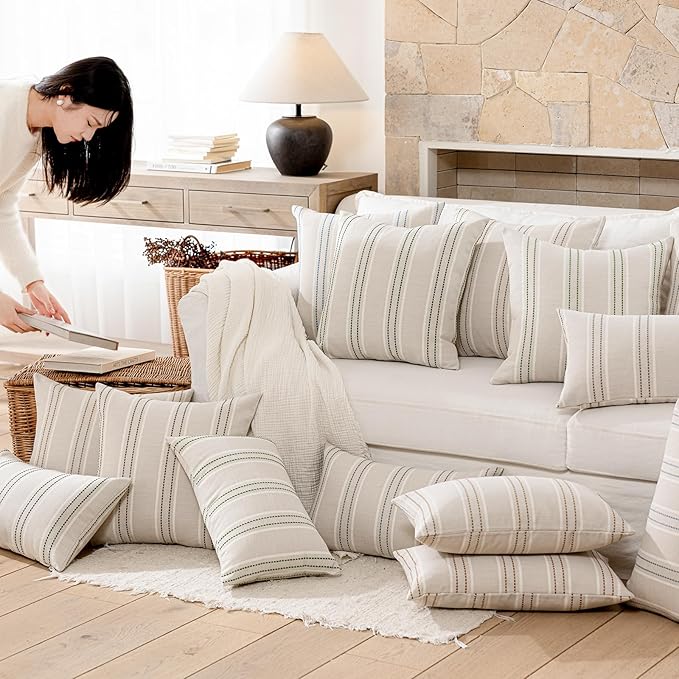 Hckot Throw Pillow Covers 24x24 Set of 2 Tan Pillow Covers Farmhouse Decorative Pillows Textured Linen Square Cushion Covers for Sofa Couch Bed Living Room Decor(Tan)