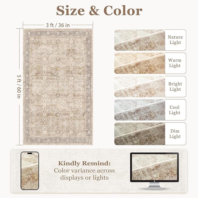Vintage Beige 3x5 Entryway Rug Indoor Foyer, Neutral Earth Tone Throw Rug for Kitchen Bathroom, Machine Washable Non Slip Ultra Thin Area Rug for Nursery/Bedroom Bedside/Home Office/Dorm
