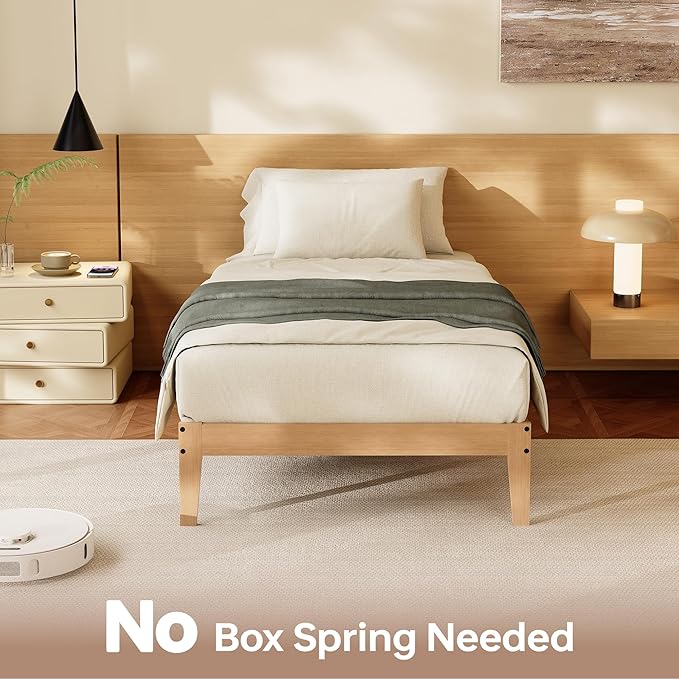 Tyndall Twin XL Bed Frame, 12 Inch Solid Wood Platform Bed with Wooden Slats, Natural Finish Wood Bed Frame with Underbed Space for Storage, Easy Assembly, No Box Spring Needed