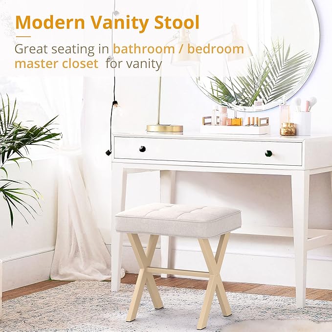 LUE BONA Square Linen Makeup Stool, Metal X Legs, Small Ottoman Stool Chair for Vanity, Modern Padded Seat Foot Rest for Makeup Room, Bathroom