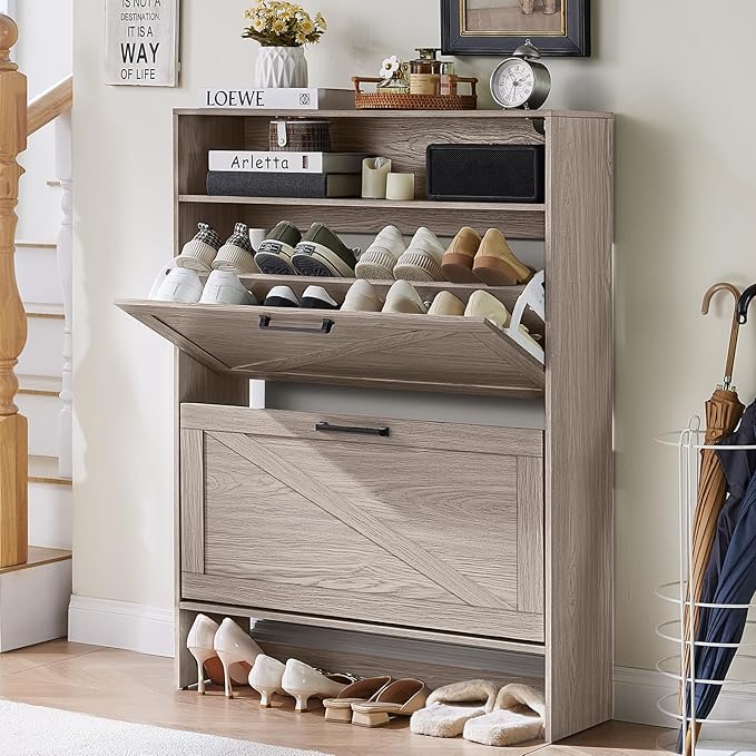 RWYHG Shoe Cabinet Storage for Entryway with 2 Flip Drawers Open Storage Layer Rack Narrow Organizer Slim Hidden Wood Shoe Cabinet Furniture Grey