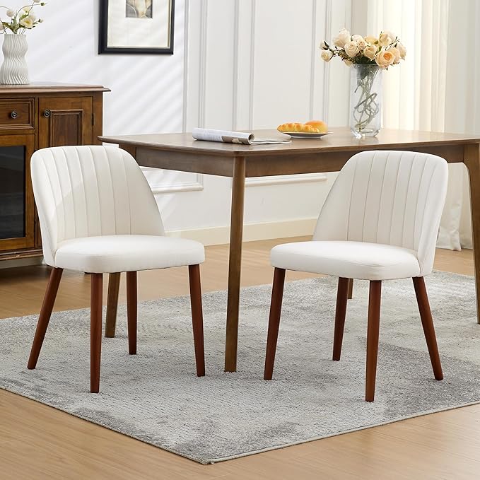 GarveeHome Wooden Dining Chairs Set of 2, Upholstered Kitchen Dining Room Chairs with Padded Seat and Wood Legs, Modern Fabric Side Dinner Chair for Kitchen, Dining Room, Restaurant, Cafe, Beige