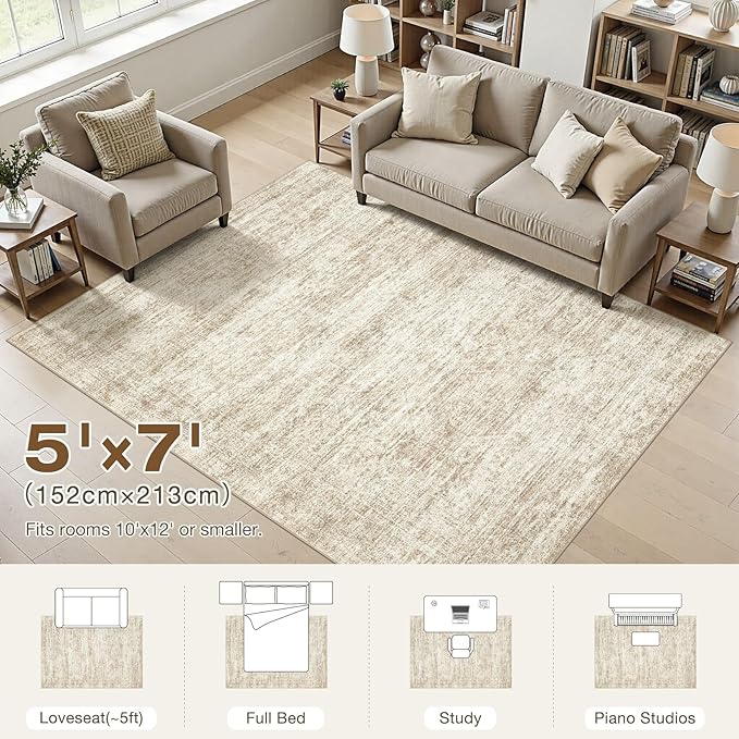 cotiled Large Area Rugs for Living Room 5x7, Machine Washable Rugs with Non Slip Backing Modern Neutral Abstract Rugs Stain Resistant Distressed Carpets for Home Office Decor (5x7 Beige/Brown)