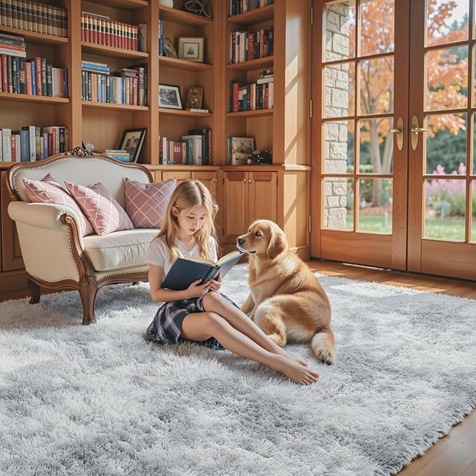 Area Rugs 9x12 Living Room, Large Area Rug Shag Shaggy Carpet Soft Plush Furry Bedside Rug, Machine Washable Area Rugs for Bedroom Kids Girls Boys Anti Slip(9 x 12, Light Grey Tie-Dyed)