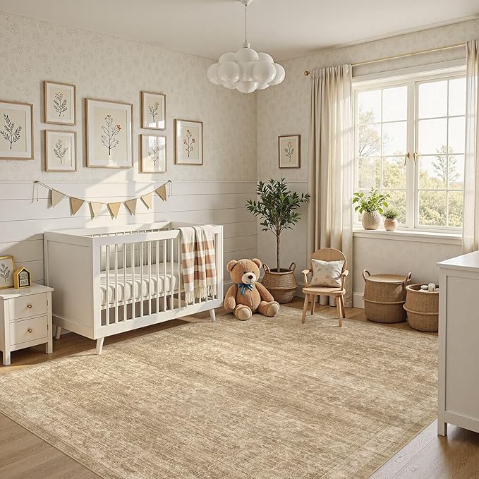 Nakagishi 8x10 Area Rugs Living Room: Washable Large Vintage Rug Neutral Non-Slip Soft Stain Resistant Indoor Carpet for Bedroom Nursery Dining Room Office Playroom - Dark Bown