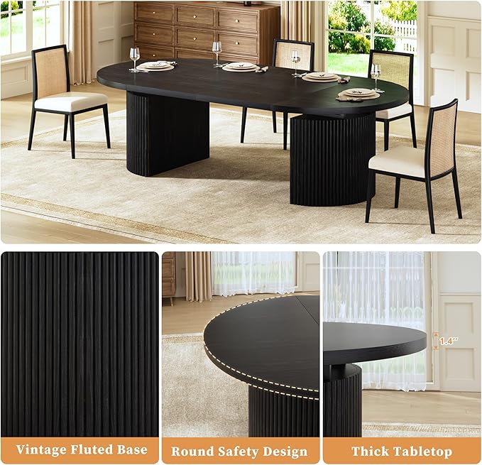 HUAHUU Extendable Round Dining Table for 4-8, 39in-77in Long Large Kitchen Table with Fluted Base, Space Saving Modern Farmhouse Oval Dinner Tables for Dining Room, Kitchen, Living Room, Natural