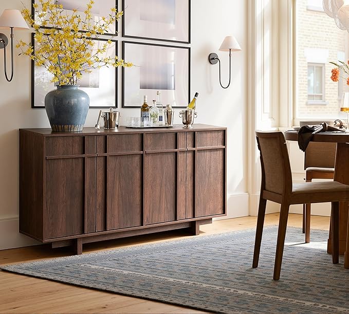 Sideboard Buffet Cabinet with Storage, Mid Century Modern Accent Cabinet with Skeleton Line & Wood Grain Texture, 63" Minimalist Credenza for Living Room Kitchen Dining Room Entryway, Walnut