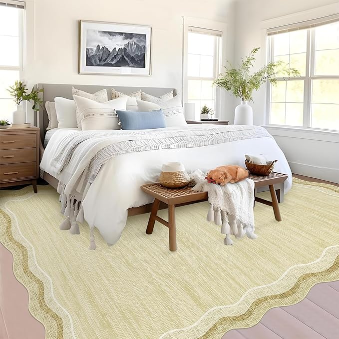 Garvee Scalloped 9x12 Area Rugs for Living Room Large Washable Rugs,Neutral Solid Rug Stain Resistant Non Slip Floor Mat Carpet Indoor Accent Rug for Bedroom Dining Room Playroom Home Decor,Beige