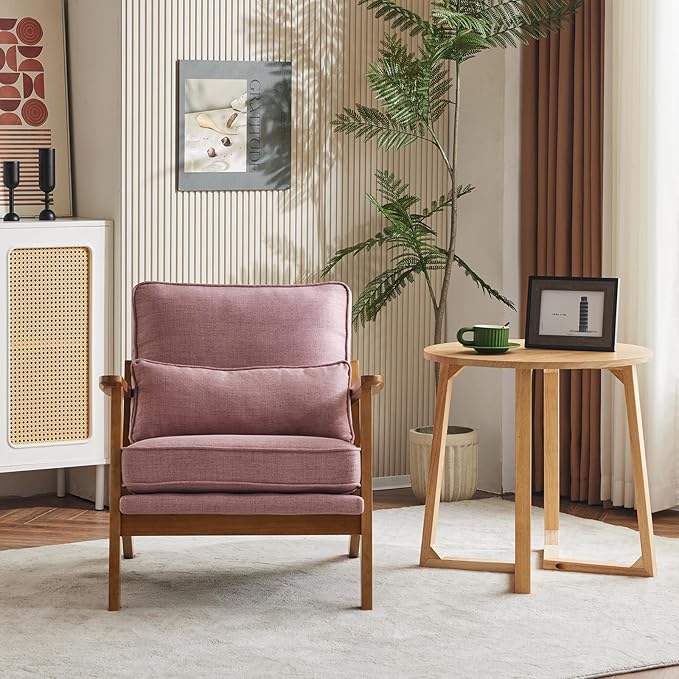 Karl home Accent Chair Wide Armrest Mid-Century Lounge Chair Linen Fabric Armchair with Lumbar Pillow & Solid Wood Frame for Living Room, Bedroom, Balcony, Pink