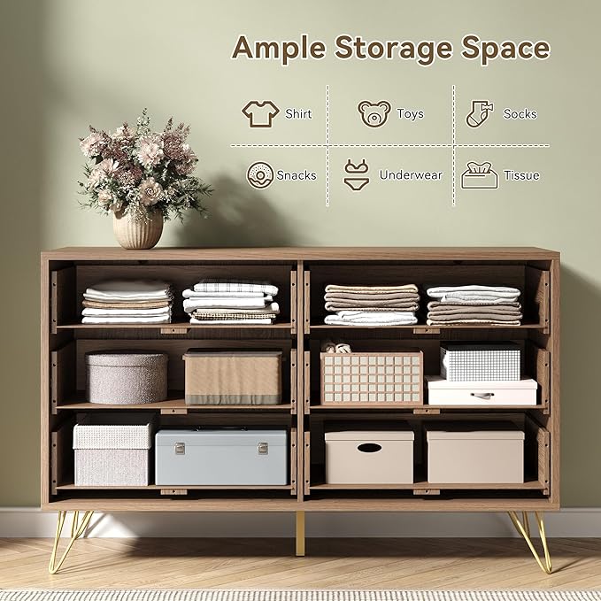 Fluted 6 Drawers Dresser for Bedroom, Wood Dressers with Scratch-Proof Golden Handles, Natural Curved Profile, Modern Double Chest for Living Room, Hallway, Entryway, Natural Oak