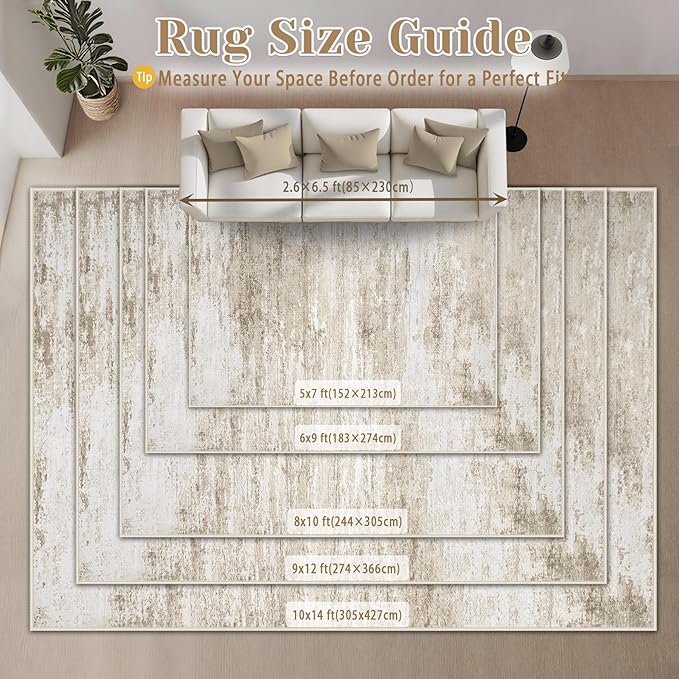 Washable Rug 5x7 Area Rugs for Living Room: Neutral Soft Rug Abstract Non Slip Low Pile Modern Carpet for Bedroom Kitchen Nursery Office Dining Room Indoor (Beige, 5'x7')