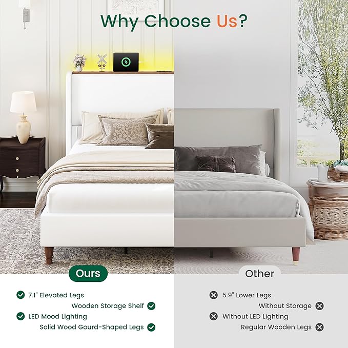 LARMACE King Size Bed Frame with LED Lights and Charging Station Linen Upholstered Platform Bed Frame with 51.2" Tall Wingback Headboard and Storage Shelf, No Box Spring Needed, Easy Assembly, White