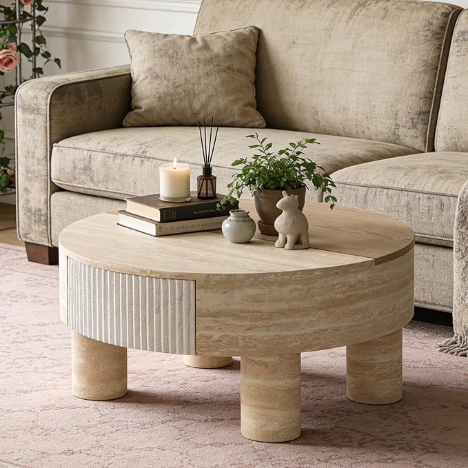 31.5" Round Coffee Table with Flip Top and Hidden Storage, Faux Marble Tabletop for Living Room, Modern Wooden Circle Center Table, Tea Table for Apartment, Office, Beige Mars Pattern