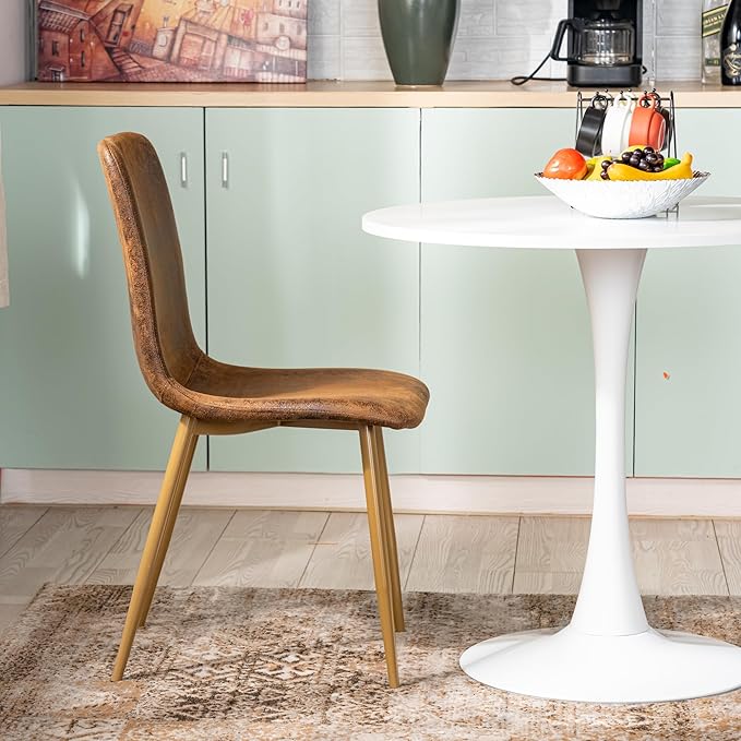 FurnitureR Set of 2 Dining Chairs, Suede Upholstered Side Chair with Mid Back, Soft Seat and Sturdy Metal Legs for Kitchen Dining Room, Brown